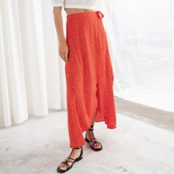 & Other Stories Dresses & Skirts - & Other Stories Polka Dot Asymmetric Wrap Skirt Red Midi Size 2